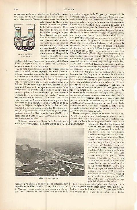 LAMINA ESPASA 10689: Escudo y vista de Najera Logroño