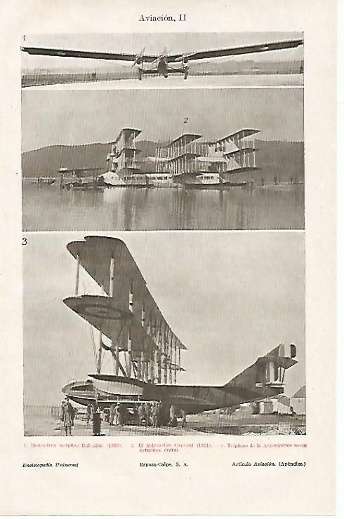 LAMINA ESPASA 10924: Monoplano Inflexible de 1928 el Caproni de 1921 y triplano britanico de 1919