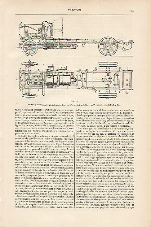 LAMINA ESPASA 11006: Planta y elevacion de unchasis con transmision electrica de Stevens Petrol Electric Vehicles