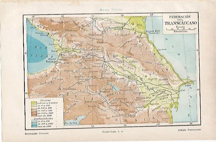 LAMINA ESPASA 11102: Mapa fisico de la Federacion del Transcaucaso