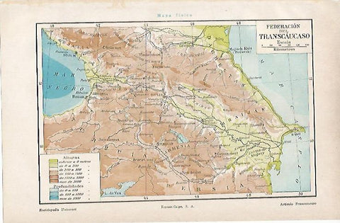 LAMINA ESPASA 11102: Mapa fisico de la Federacion del Transcaucaso