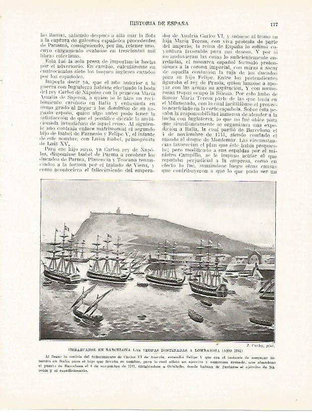 LAMINA 4361: Tropas destinadas a Lombardia embarcandose en Barcelona en 1741