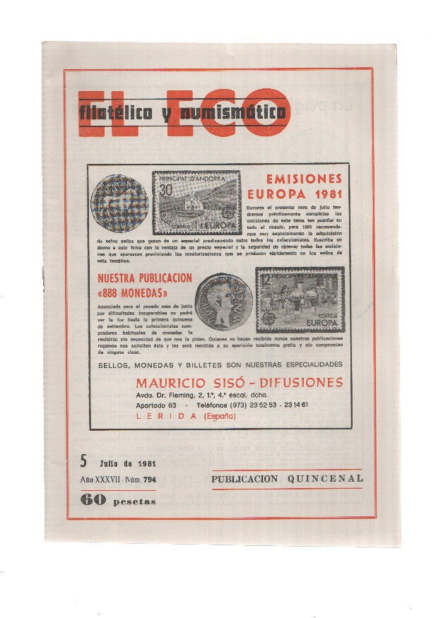 El Eco Filatelico y Numismatico numero 0794: Exposicion Filatelica PATUM 81- BERGA