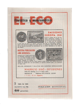 El Eco Filatelico y Numismatico numero 0794: Exposicion Filatelica PATUM 81- BERGA