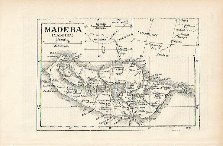 LAMINA ESPASA 1733: Mapa de la isla de Madeira (madera)