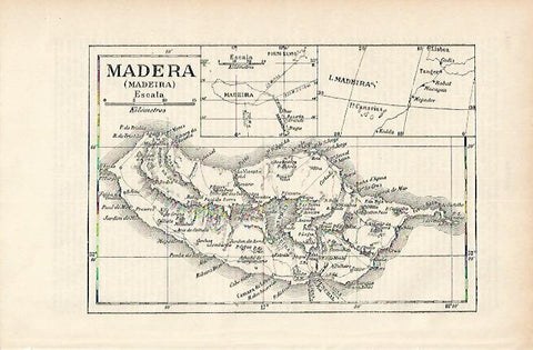 LAMINA ESPASA 1733: Mapa de la isla de Madeira (madera)