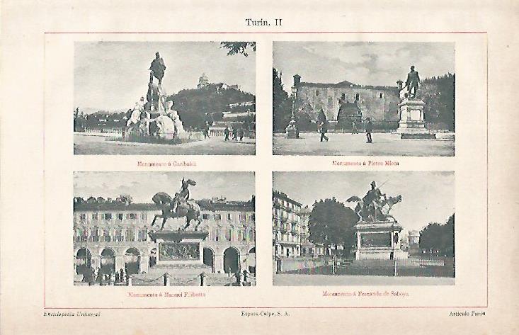 LAMINA ESPASA 12002: Monumentos a Garibaldi Micca Manuel Filiberto y Fernando de Saboya en Turin