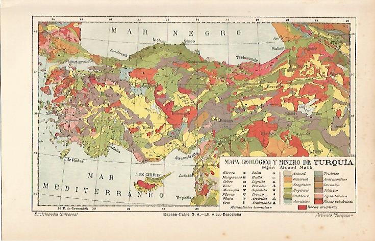 LAMINA ESPASA 12052: Mapa geologico y minero de Turquia