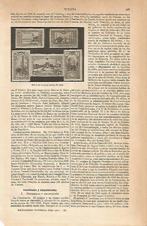 LAMINA ESPASA 12056: Sellos de correos de Turquia de 1914