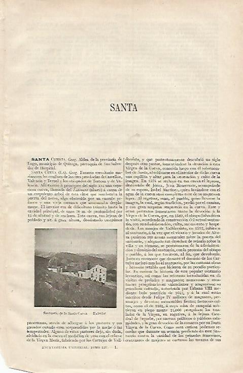 LAMINA ESPASA 12217: Santuario de la Santa Cueva en Castellon