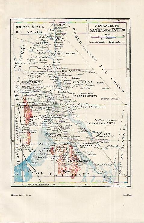 LAMINA ESPASA 12288: Mapa de la provincia de Santiago del Estero Argentina