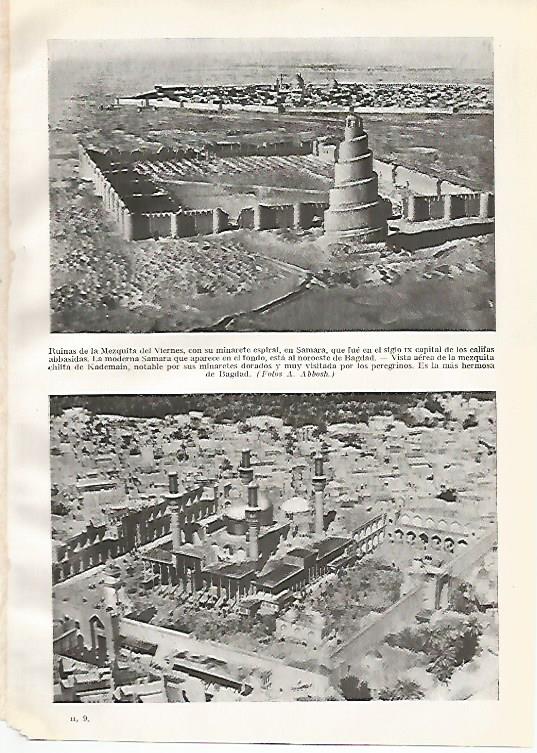 LAMINA GEOGRAFIA 0020: Ruinas de la Mezquita del Viernes en Samara y mezquita de Kademain en Bagdad Irak