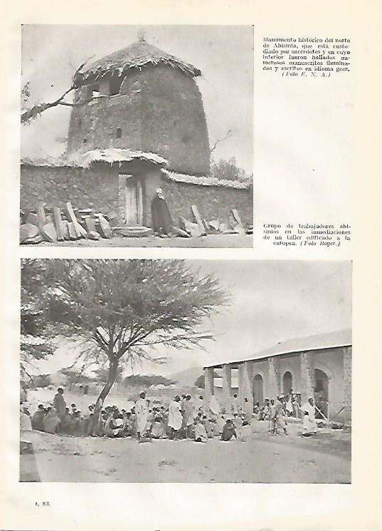 LAMINA GEOGRAFIA 0139: Monumento historico y grupo de trabajadores en Etiopia