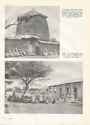 LAMINA GEOGRAFIA 0139: Monumento historico y grupo de trabajadores en Etiopia