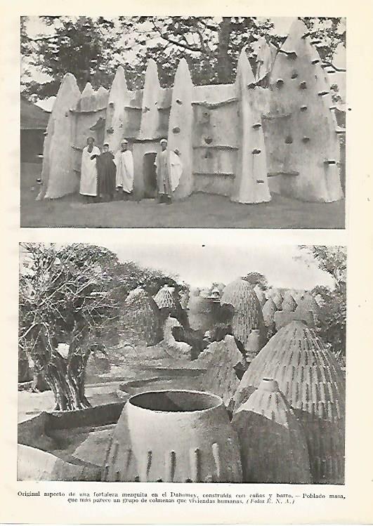 LAMINA GEOGRAFIA 0150: Mezquita de Dahomey y poblado masa en Benin