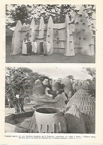 LAMINA GEOGRAFIA 0150: Mezquita de Dahomey y poblado masa en Benin