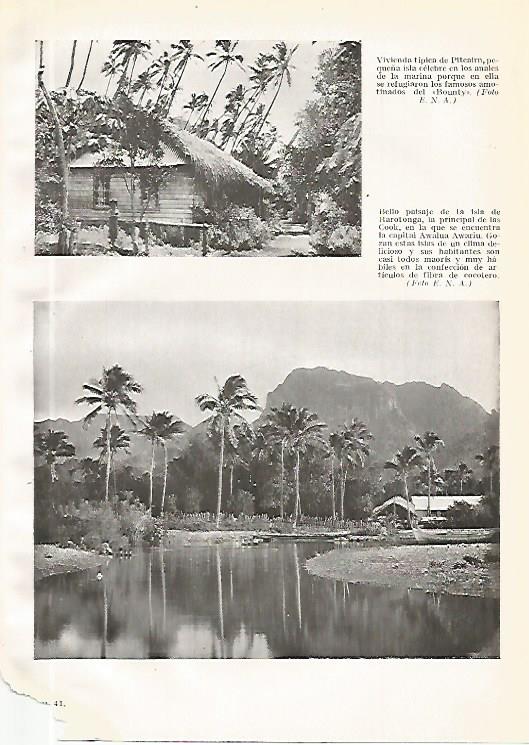 LAMINA GEOGRAFIA 0179: Cabaña tipica de Pitcairn y paisaje de la isla de Rarotonga Islas Cook