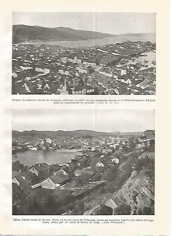 LAMINA GEOGRAFIA 0266: Vista de Bergen y vista de Skien Noruega