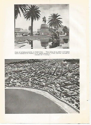 LAMINA GEOGRAFIA 0304: Plaza de la Independencia y vista aerea del barrio de Pocitos en Montevideo Ururguay