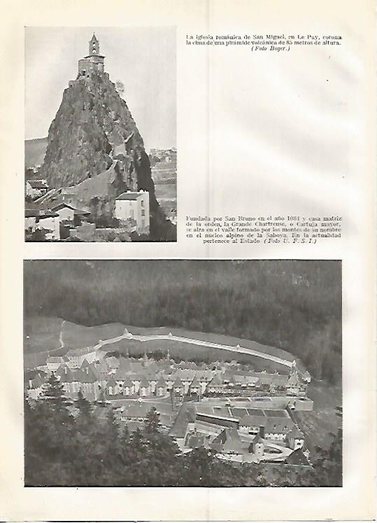 LAMINA GEOGRAFIA 0321: Iglesia romanica de San Miguel en Le Puy y vista aerea de San Bruno