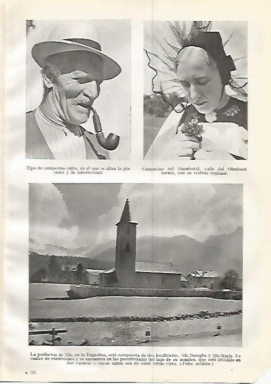 LAMINA GEOGRAFIA 0331: Campesinos suizos y vista de Sils Suiza