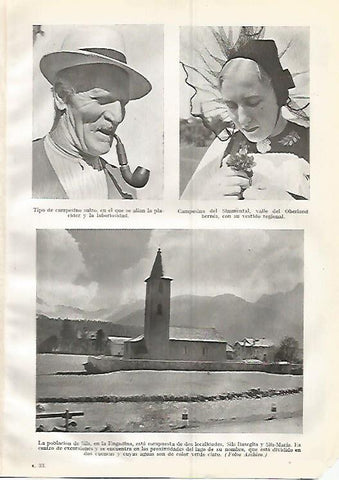 LAMINA GEOGRAFIA 0331: Campesinos suizos y vista de Sils Suiza