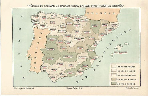 LAMINA ESPASA 12904: Mapa de España de ganado asnal