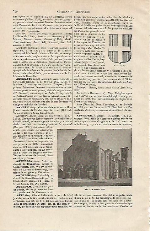 LAMINA ESPASA 12915: Escudo y Catedral de Asti Italia