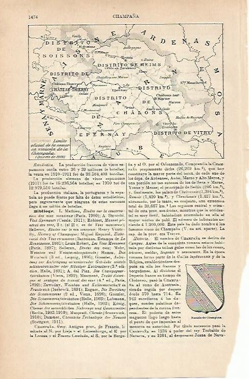 LAMINA ESPASA 14432: Mapa del limite de la comarca vinicola de la Champaña en 1908