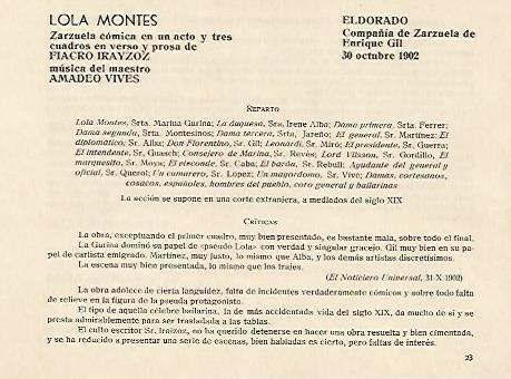 LAMINA 2676: Reparto y criticas de la zarzuela Lola Montes. El Dorado 30 octubre 1902