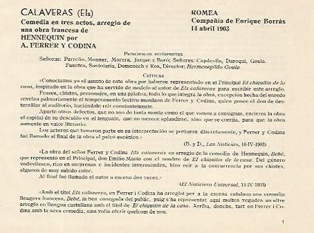 LAMINA 2959: Reparto y criticas de Els Calaveras. Romea 14 abril 1903