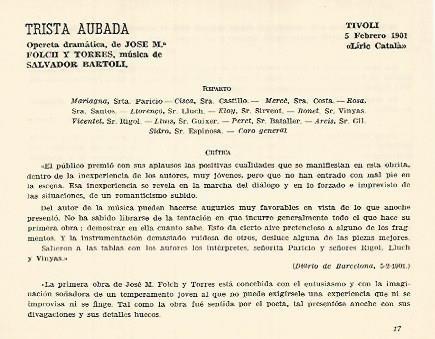 LAMINA 3007: Reparto y critica de Trista Aubada. Tivoli 5 febrero 1901