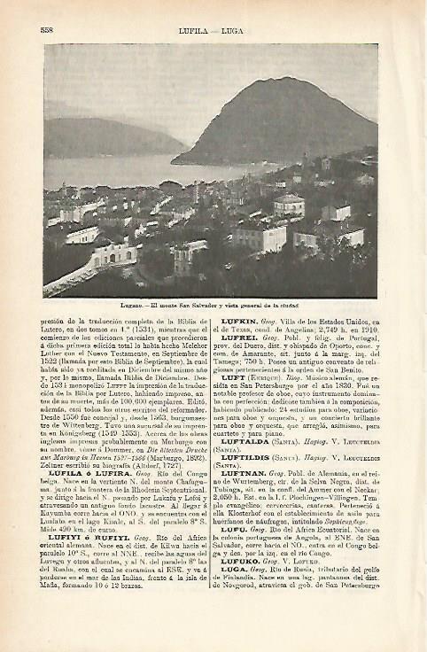 LAMINA ESPASA 1818: Monte San Salvador en Lugano Italia