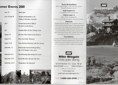 Triptico Publicitario: MIKE WIEGELE Helicoptter Skiing - 2001 SUMMER RATES (Blue River - Bristish Columbia)