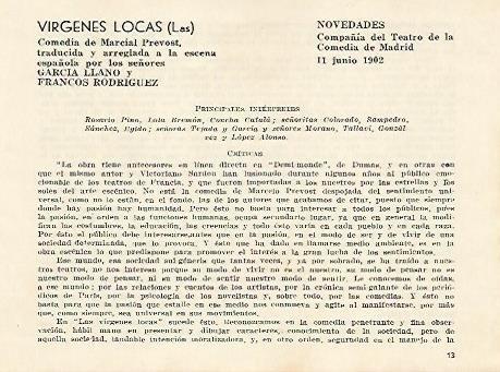 LAMINA 2537: Reparto y criticas de Las Virgenes Locas. Novedades 11 junio 1902