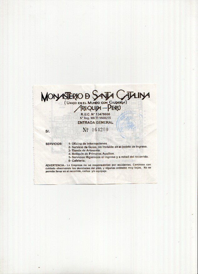Ticket/Billete: MONASTERIO DE SANTA CATALINA - Arequipa (Peru)