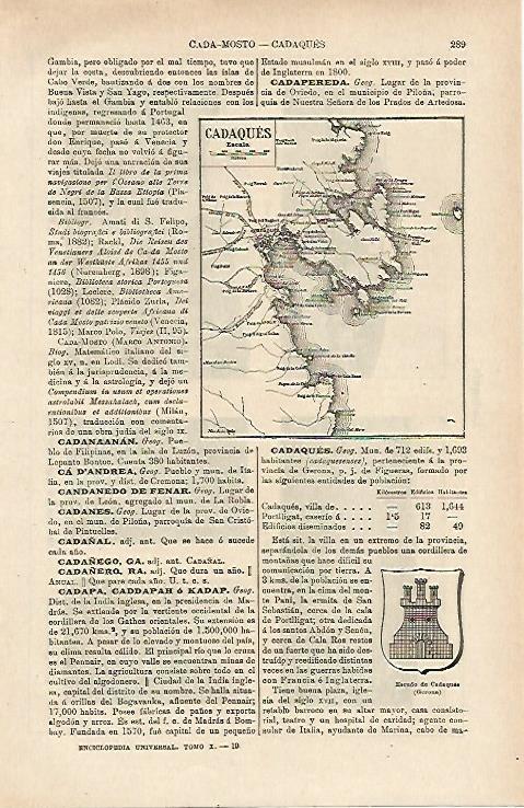 LAMINA ESPASA 14634: Mapa y escudo de Cadaques. Girona