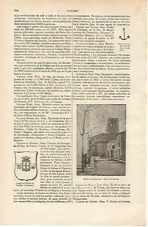 LAMINA ESPASA 14706: Escudo de Calde de Rainba Portugal e Iglesia de Caldes de Malavella Girona
