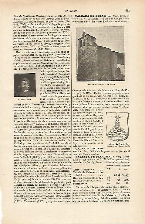 LAMINA ESPASA 14738: La Calzada de Bejar (Salamanca) y escudo de Calzada de Clatrava Ciudad Real