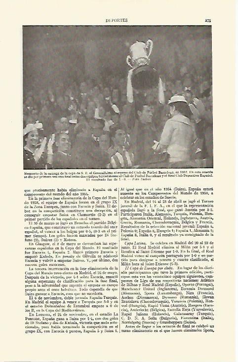 LAMINA ESPASA 14873: Entrega de la copa de SE el Generalisimo al F. C. Barcelona en 1957