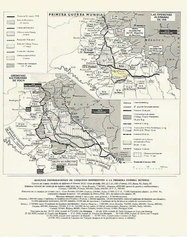 LAMINA LAROUSSE 70108: Mapa de las ofensivas de Alemania en la Primera Guerra Mundial