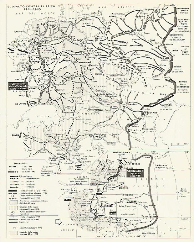 LAMINA LAROUSSE 70112: Mapa de el asalto contra el Reich entre 1940-1945