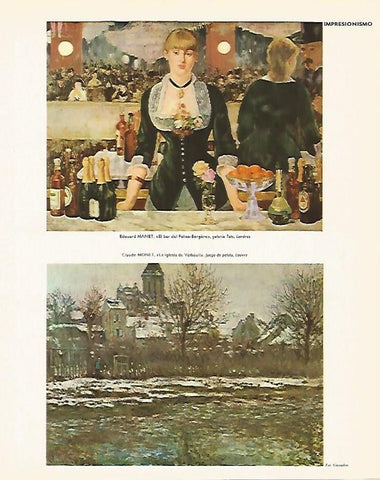 LAMINA LAROUSSE 70146: El bar del Folies Bergere por Manet y La Iglesia de Vetheuil por Monet