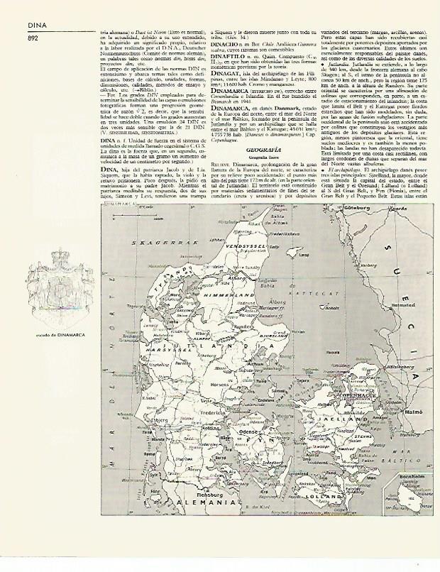 LAMINA LAROUSSE 70221: Mapa y escudo de Dinamarca