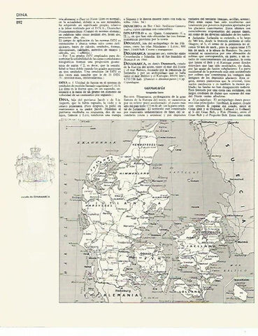 LAMINA LAROUSSE 70221: Mapa y escudo de Dinamarca