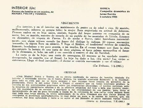LAMINA 2480: Argumento y criticas de Un Interior. Romea 6 octubre de 1905