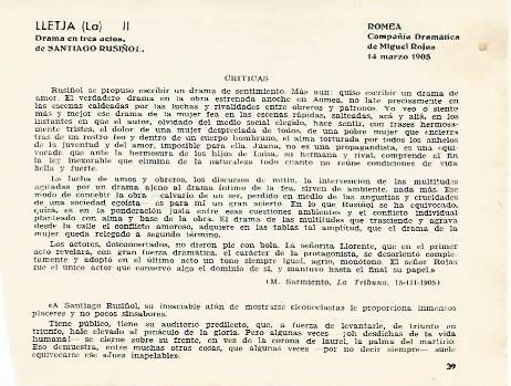 LAMINA 2748: Criticas de La Lletja obra de Santiago Rusiñol. Romea 14 marzo 1905