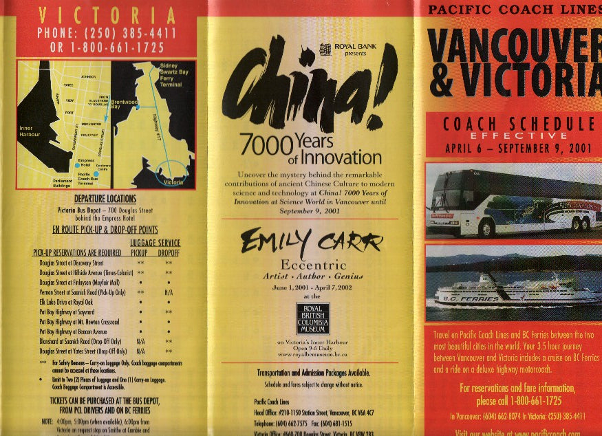 Triptico Publicitario: PACIFIC COACH LINES Bus - Trayecto Vancouver a Victoria (Canada)