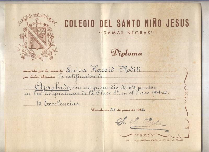 Diploma del Colegio del Santo Niño Jesus; Damas Negras de Madrid