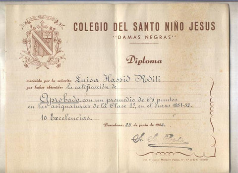 Diploma del Colegio del Santo Niño Jesus; Damas Negras de Madrid